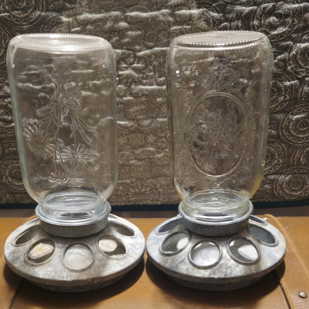 Vintage Chicken Feeders With Jars